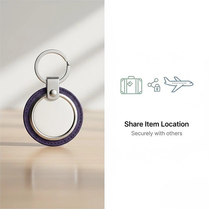 The new AirTag attached to a Midnight Purple FineWoven Key Ring, alongside a graphic of an airplane and a suitcase icon with a "Share Location" symbol.