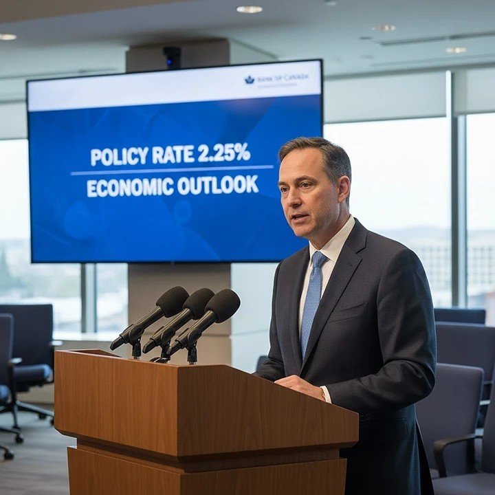Governor Tiff Macklem speaking at a podium with the Bank of Canada logo, addressing reporters at a post-announcement press conference.