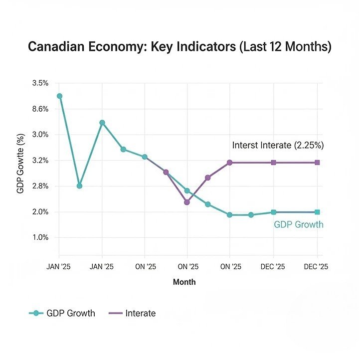 A simple line chart comparing the trajectory of Canada's GDP growth against the steady Bank of Canada policy interest rate over the past year.