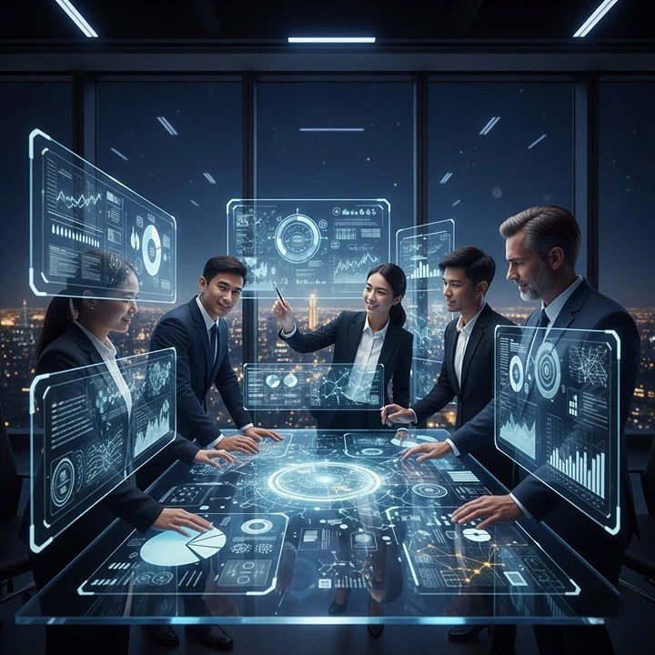 Business professionals implementing enterprise AI platforms with strategic planning, data governance, and organizational transformation in 2026