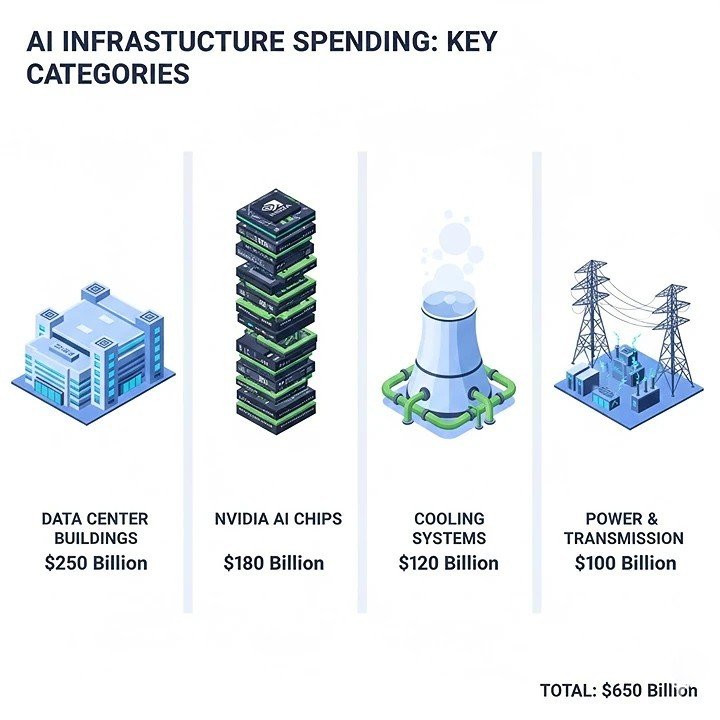 Big Tech AI infrastructure spending breakdown 2026 showing investments in data centers, AI chips, cooling systems, and power infrastructure