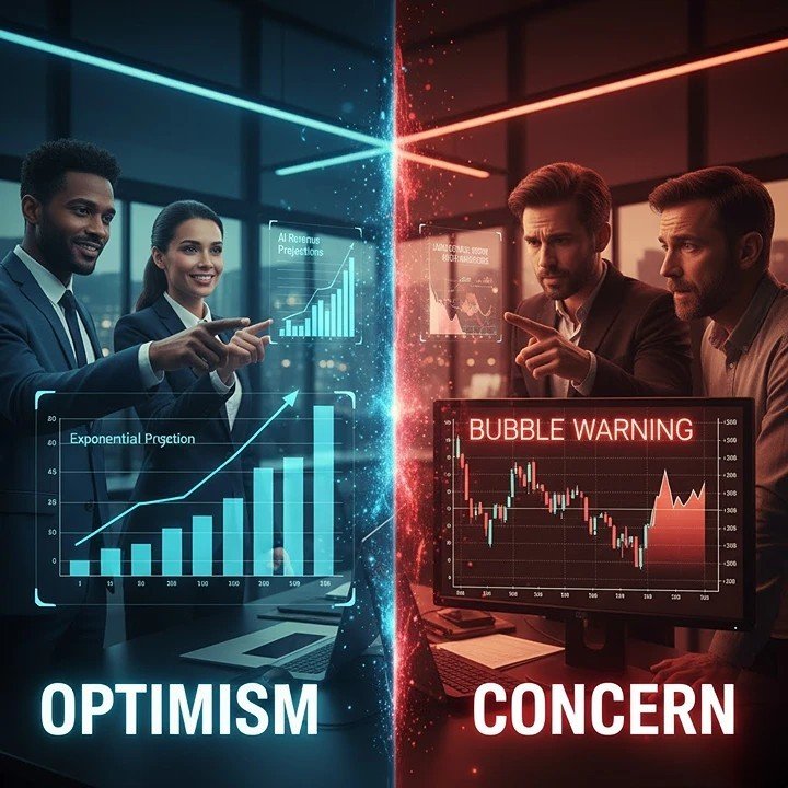 AI investment debate 2026 showing tech leader optimism versus investor bubble concerns about $650 billion spending without clear profitability