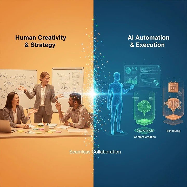 Human professionals collaborating with AI agents in 2026 showing small teams accomplishing major tasks through smart human-AI teamwork
