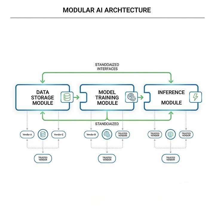 Modular AI architecture 2026 showing independent components that shift among trusted providers preventing vendor lock-in and ensuring sovereignty