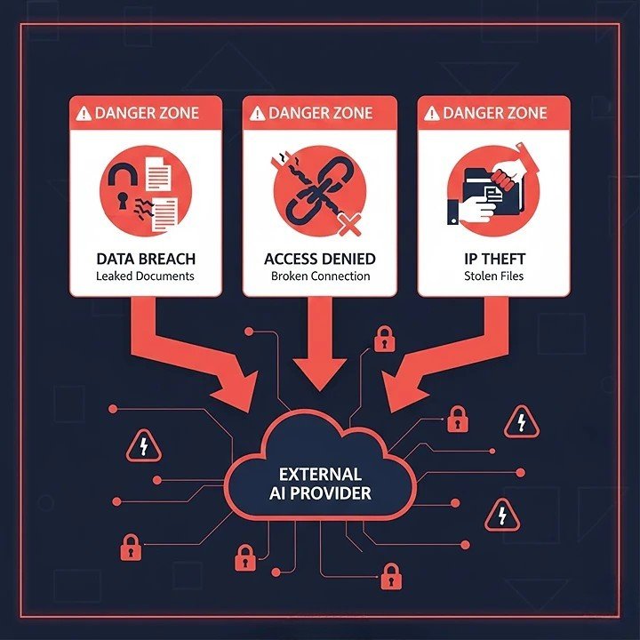AI dependency risks in 2026 including data breaches, compute resource access disruption, and intellectual property theft from external providers