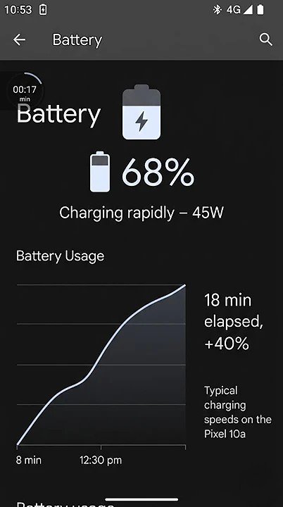 Smartphone screenshot showing battery percentage increasing from 15% to 60% in just 18 minutes with 45W fast charging