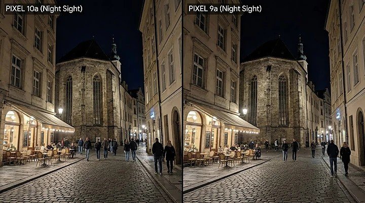 Split image showing the same night scene photographed with Pixel 10a on left and Pixel 9a on right, highlighting slight improvements in brightness and detail