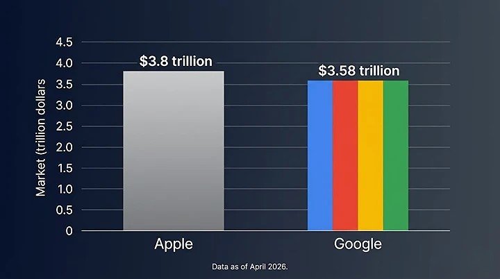 Bar chart showing Apple's market cap at 3.8 trillion dollars and Google's market cap at 3.58 trillion dollars, with Apple bar slightly taller in blue and Google bar in red