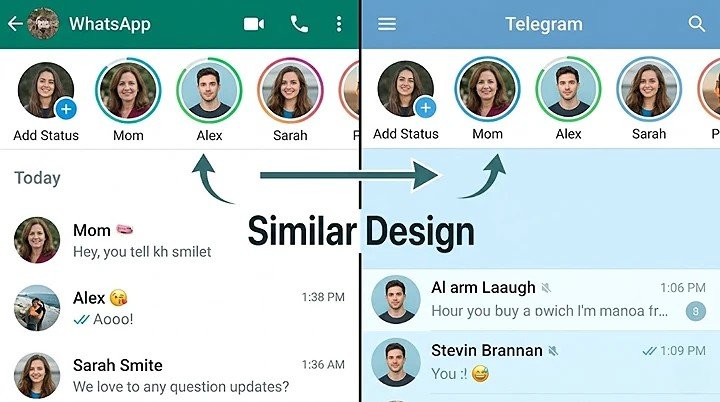Side by side comparison showing WhatsApp chat screen with Status circles at the top on the left, and Telegram chat screen with Stories circles at the top on the right