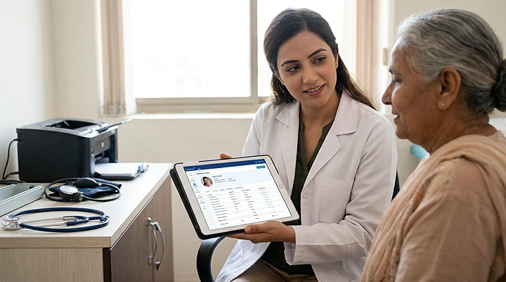 Female doctor holding a tablet with CareCloud patient records open while talking to a senior patient in a bright clinic room