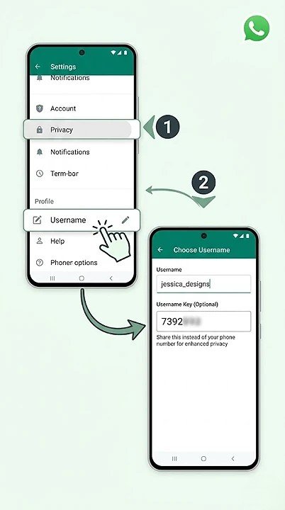 Smartphone display of WhatsApp Settings page with a new "Username" option highlighted, showing a field to enter a custom username and a 4-digit key option below