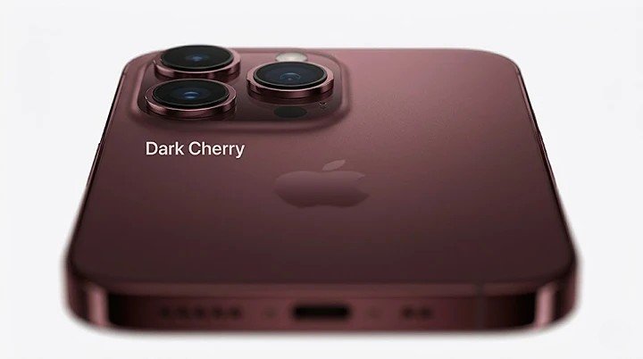 Close-up shot of iPhone 18 Pro back glass in Dark Cherry red color, showing the deep wine-like shade and premium matte texture