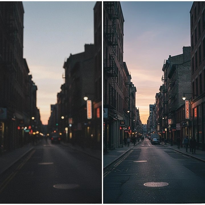 A split-image comparison showing a noisy, dark photo from a small sensor next to a clearer, brighter photo taken with a larger sensor in the same low-light scene.
