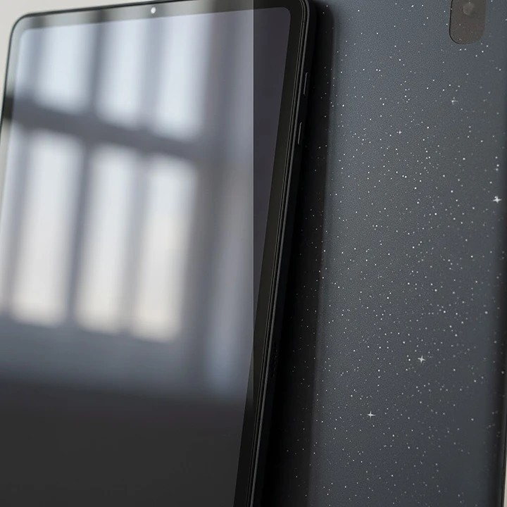 Close-up shot of the Oppo Pad Air5 tablet showing the matte-finish display and the detailed starry sky texture on its back panel.