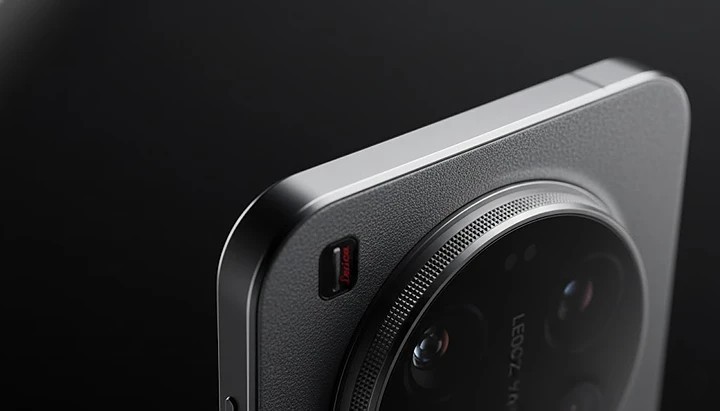 Macro close-up of the Xiaomi 17 Ultra Leica Edition's side frame, highlighting the textured mechanical zoom ring and the dual-tone, knurled camera-inspired design.