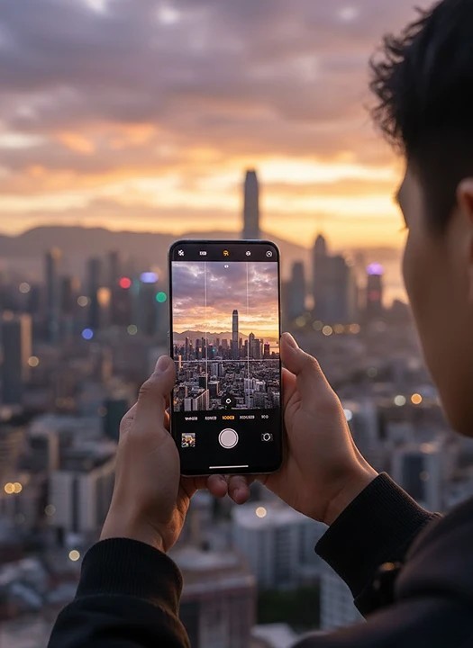 A photographer using the OPPO Find X9 Pro to capture a low-light cityscape at dusk, showcasing the phone in a professional creative scenario.