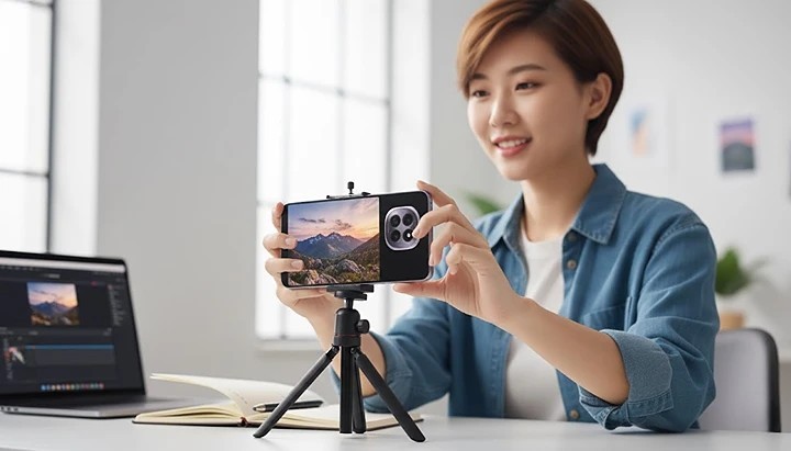 A young content creator using the OPPO F29 5G to film a vlog or review in a modern, vibrant co-working space, showcasing the phone in active use.