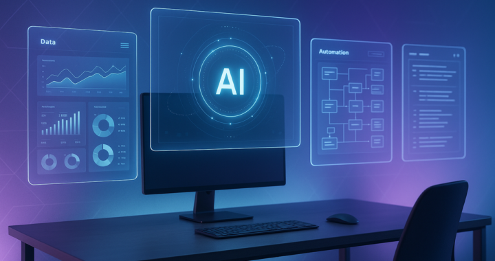 Senior business executives and AI consultants collaborating on digital transformation strategy using AI-powered analytics dashboard in modern corporate boardroom, showing data visualization and predictive insights for enterprise decision making.