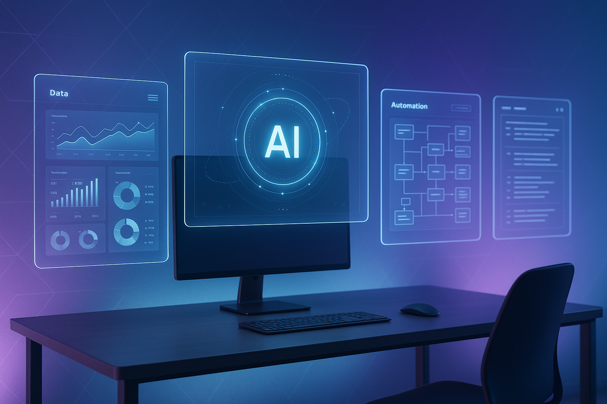 Senior business executives and AI consultants collaborating on digital transformation strategy using AI-powered analytics dashboard in modern corporate boardroom, showing data visualization and predictive insights for enterprise decision making.
