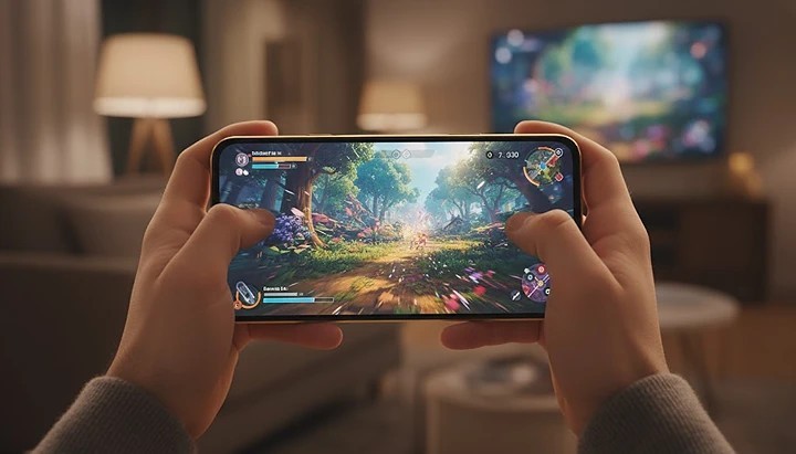 A user's hands holding the Motorola Moto G86 5G while playing a high-graphics racing game on its 144Hz AMOLED screen.