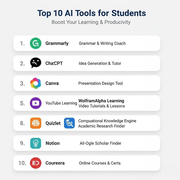 Colorful infographic listing the top 10 free AI tools for students: Grammarly, ChatGPT, Canva, Google Gemini, Otter.ai, Notion, Quizlet, Elicit, Hemingway Editor, and Copilot with icons and key uses.