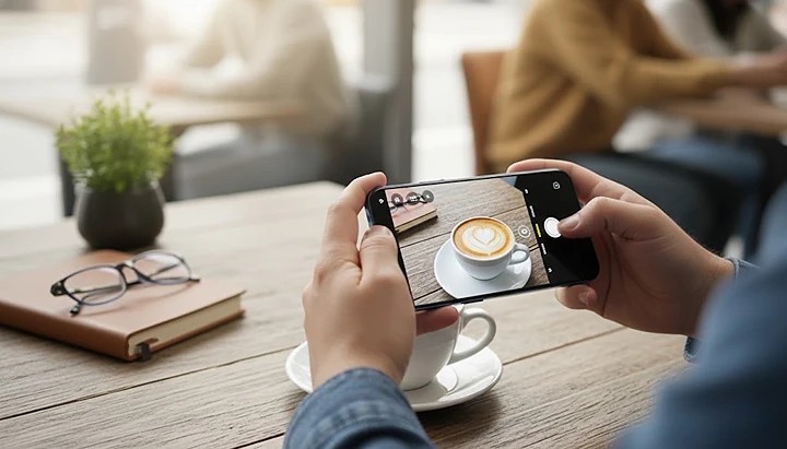 A young professional using the Oppo Reno Premium 5G to take a photo in a modern café, highlighting its camera use and premium design in a real-life setting.