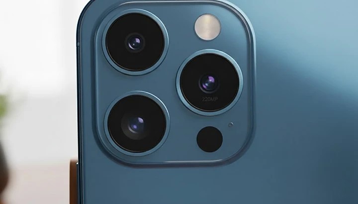Extreme close-up macro shot of the Oppo Reno Premium 5G's circular camera island, highlighting the large 220MP primary lens and two supporting sensors.
