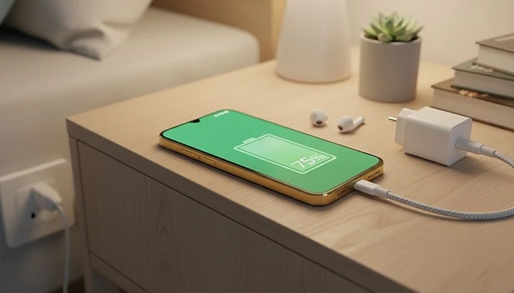 Motorola Moto G86 5G showing a battery icon at 75% next to its fast charger, symbolizing long battery life and quick recharge capability.