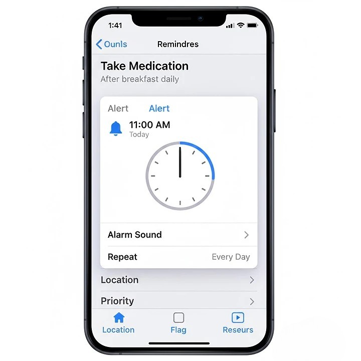 Screen capture of the Reminders app in iOS 26.2 showing the new alarm time picker interface when editing a reminder.