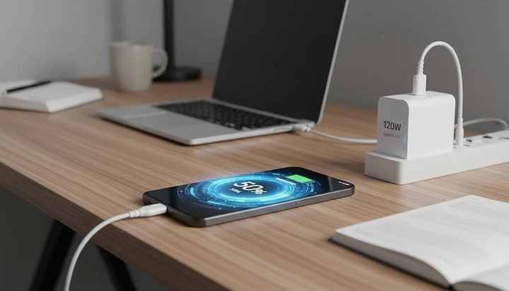 OPPO F29 5G connected to the large 120W SUPERVOOC charger, with a dynamic on-screen animation showing the battery percentage increasing rapidly from 1% to 50%.