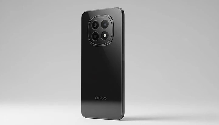 Front and side view of the OPPO F29 5G smartphone in Starlight Black, highlighting its slim profile, glass back, and large AMOLED display on a minimalist background.