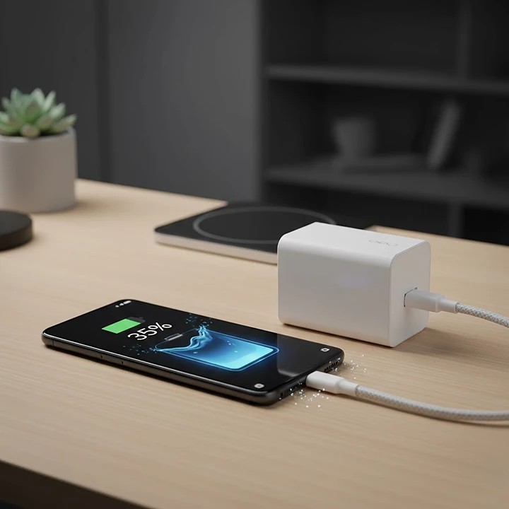 OPPO Find X9 Pro connected to the 150W SuperVOOC charger, with an on-screen animation showing rapid charging progress and a large battery icon.