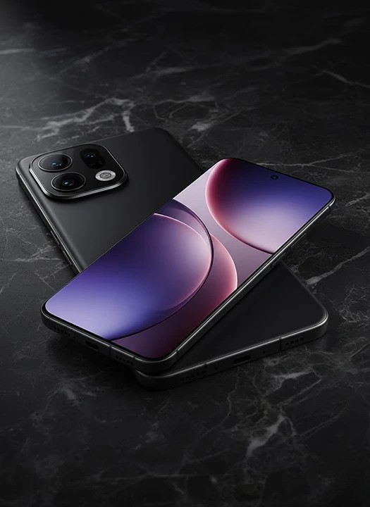 OPPO Find X9 Pro smartphone in a sleek black finish, showcasing its large edge-to-edge display, slim profile, and integrated camera module on a dark marble surface.