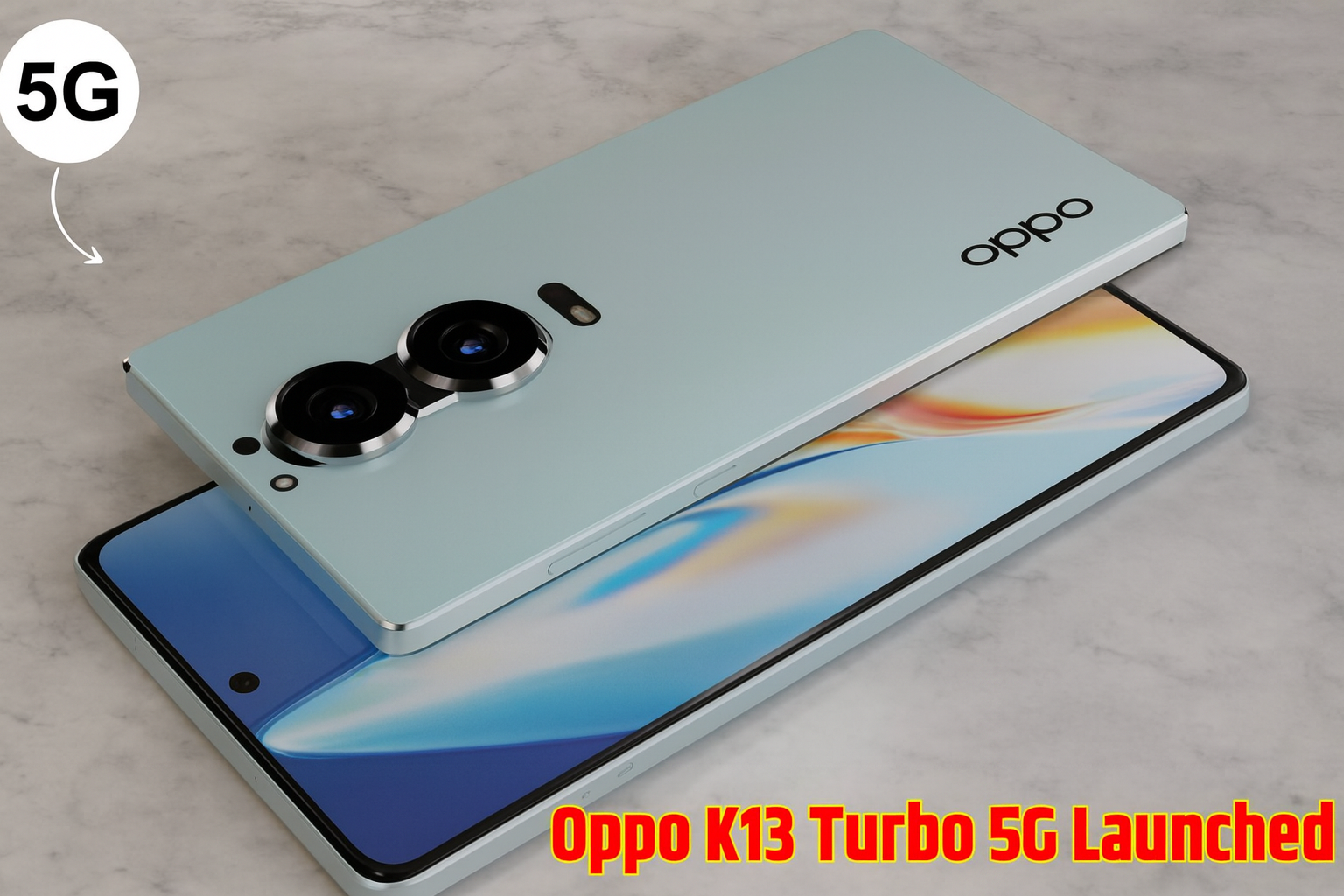 OPPO K13 Turbo 5G smartphone in Cosmic Black color with premium glass back and large edge-to-edge AMOLED display, shown on a dark marble surface.