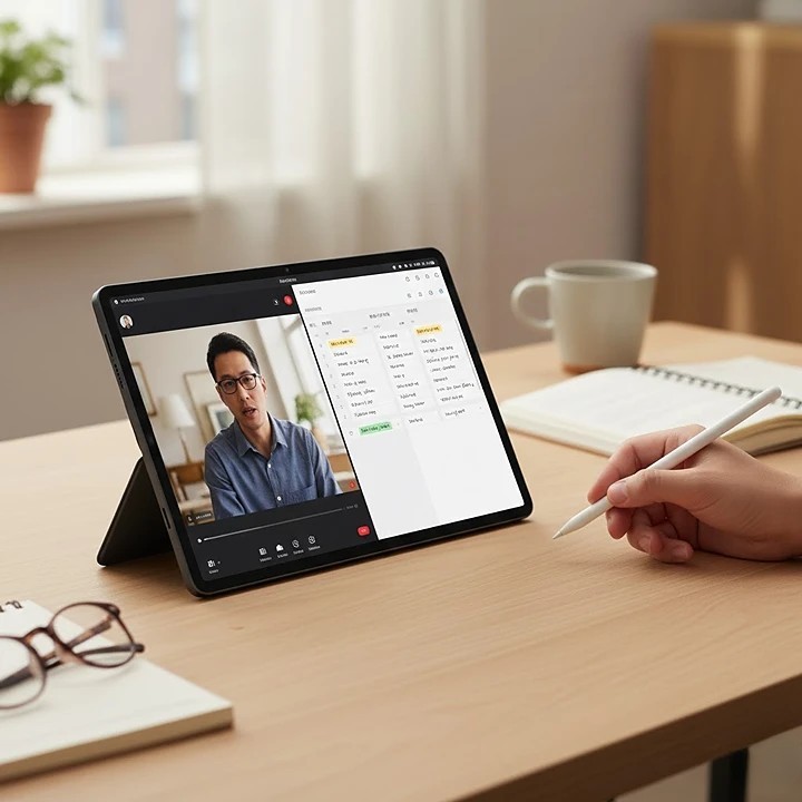  A student using the Oppo Pad Air5 tablet with a stylus to take notes on one side of the screen while participating in a video lecture on the other.