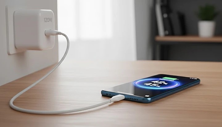 Oppo Reno Premium 5G connected to the large 120W SUPERVOOC charger, with its screen showing a rapid charging animation and increasing battery percentage.