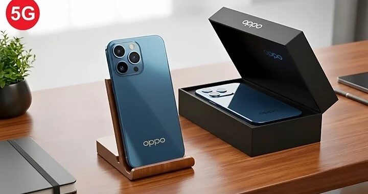 Official product image of the Oppo Reno Premium 5G smartphone in Astral Blue color, showcasing its curved glass design and punch-hole AMOLED display on a reflective surface.