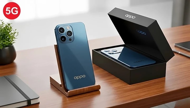 Official product image of the Oppo Reno Premium 5G smartphone in Astral Blue color, showcasing its curved glass design and punch-hole AMOLED display on a reflective surface.