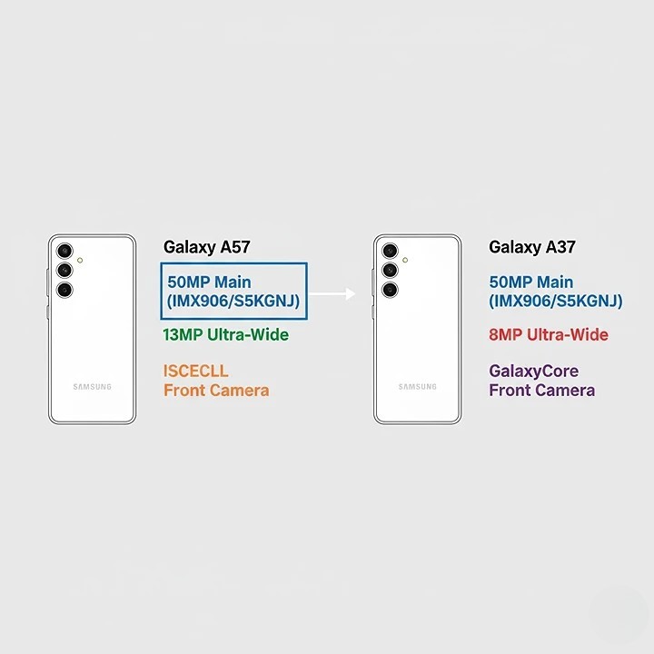 An illustrated comparison chart showing the camera configurations of the Samsung Galaxy A57 and Galaxy A37, highlighting the 50MP main sensor they share and their different ultra-wide sensors.