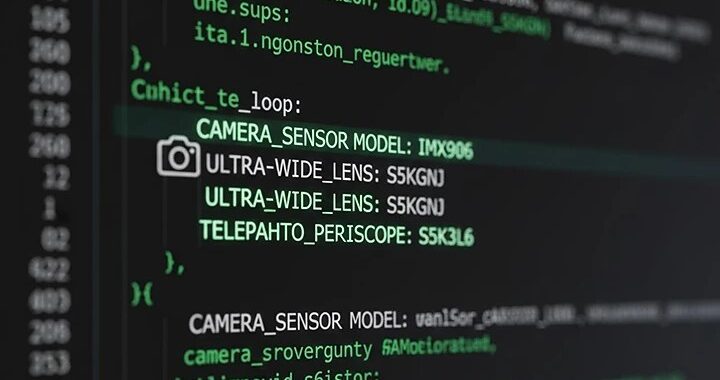 A stylized graphic showing lines of smartphone software code on a dark background, with highlighted sections pointing to camera sensor model numbers like IMX906 and S5KGNJ.