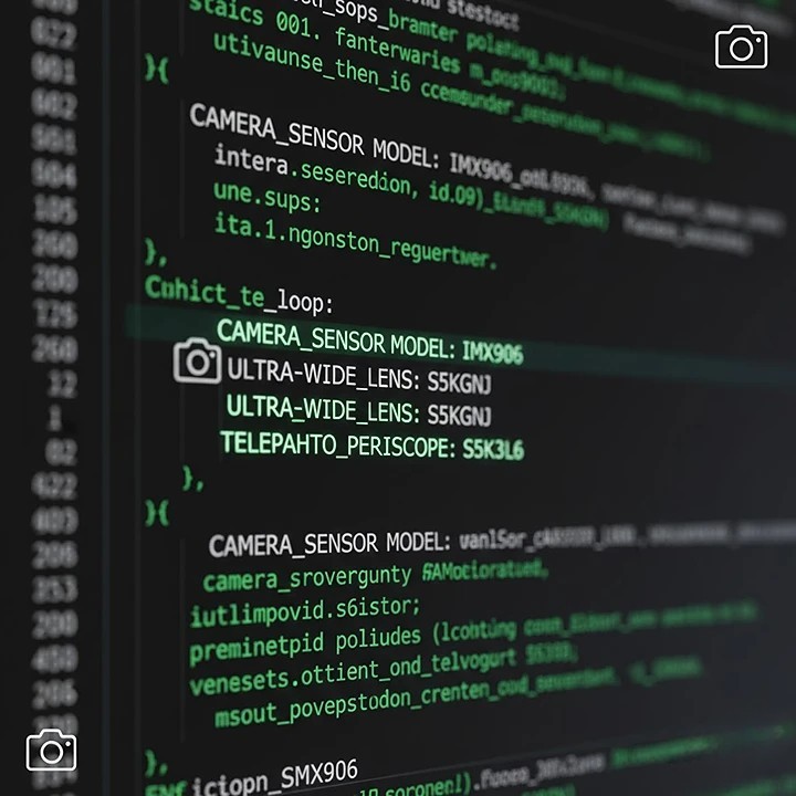 A stylized graphic showing lines of smartphone software code on a dark background, with highlighted sections pointing to camera sensor model numbers like IMX906 and S5KGNJ.