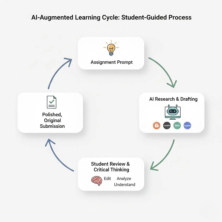 Conceptual diagram showing a cycle: Student has an "Assignment" idea, uses "AI Tools" for research and drafting, then "Student's Critical Thinking" refines the work, leading to a "Final Submission."