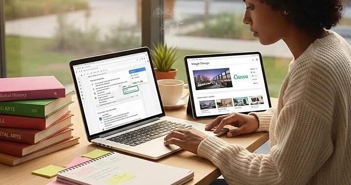 A focused student working at a desk with a laptop showing a Grammarly interface and a tablet displaying Canva designs, surrounded by books and a notebook.