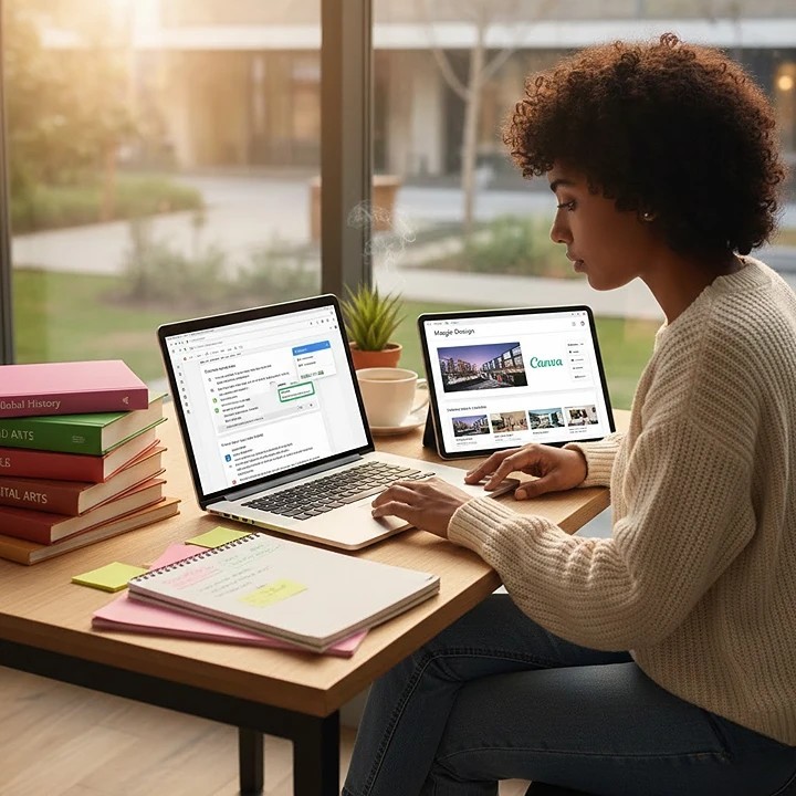 A focused student working at a desk with a laptop showing a Grammarly interface and a tablet displaying Canva designs, surrounded by books and a notebook.