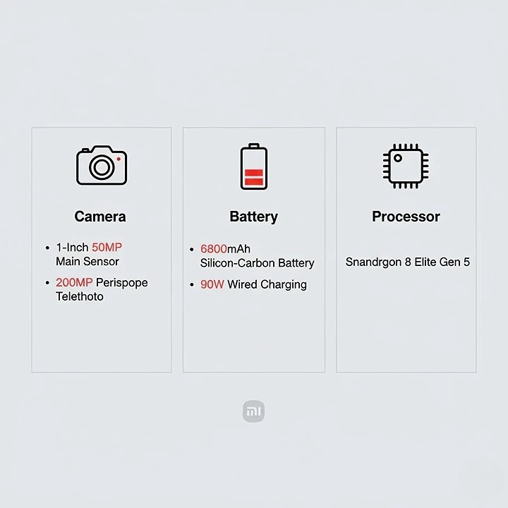 An infographic listing the key specs of the Xiaomi 17 Ultra: 1-inch main sensor, 200MP periscope telephoto, 6800mAh battery, and Snapdragon 8 Elite Gen 5 chipset.