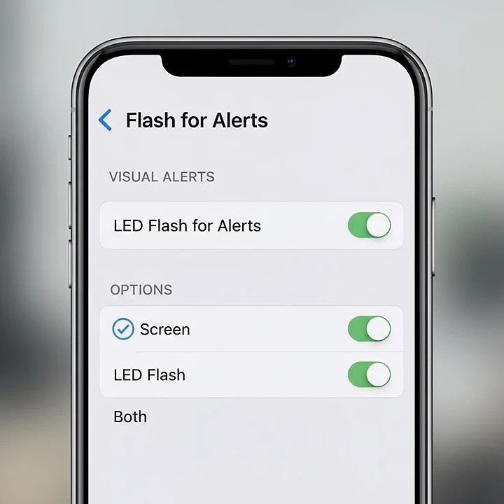  iPhone settings menu showing the new "Screen" toggle option enabled within the Accessibility > Audio/Visual > Flash for Alerts menu.