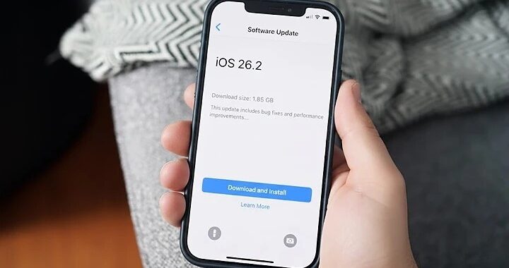 Close-up of an iPhone screen displaying the iOS 26.2 software update installation page in the Settings app.