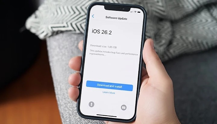 Close-up of an iPhone screen displaying the iOS 26.2 software update installation page in the Settings app.