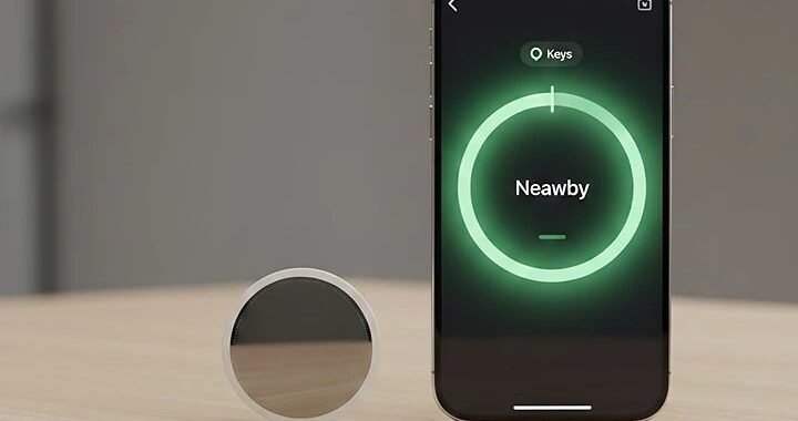 The new white Apple AirTag placed on a wooden table next to an iPhone displaying the Find My app interface showing the AirTag's location as "Nearby."