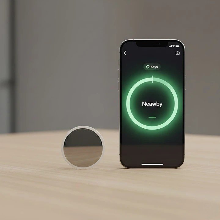 The new white Apple AirTag placed on a wooden table next to an iPhone displaying the Find My app interface showing the AirTag's location as "Nearby."